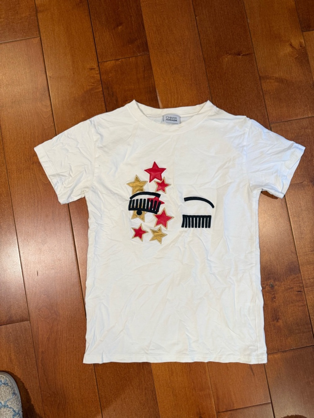 Chiara Ferragni White Short Sleeve Tee with Red and Gold Star Appliqués